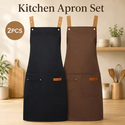 Premium 2-Piece Apron Set - Black & Brown Heavy Duty Chef Aprons with Pockets (Cooking, BBQ, Baking, Workshop) Kitchen Aprons Cotton