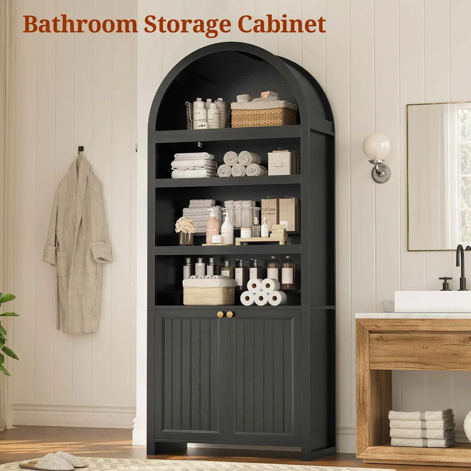 Sikaic Tall Arched 6-Tier Engineered Wood Bookcase with Door - Family-Friendly Anti-Tipping Book Nook, Black Indoor Shelf for Living Room, Bathroom Rack Decor