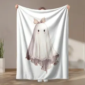 1 piece Cute bow doll ghost costume themed flannel blanket - Oversized fluffy warm sofa blanket, flannel for beds, all-season multi-purpose, modern style, machine washable, digital print design, 100% polyester, suitable for sofa, bed, travel