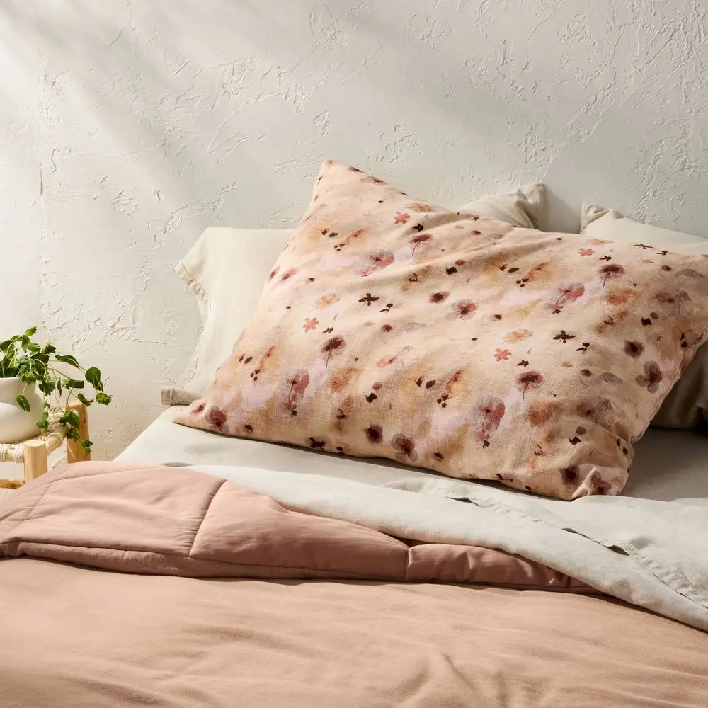 Casaluna Euro Heavyweight Linen-Polyester Blend Decorative Pillow, Pressed Floral Print - Couch Cushion, Replacement Cushions, Wash & Tumble Dry