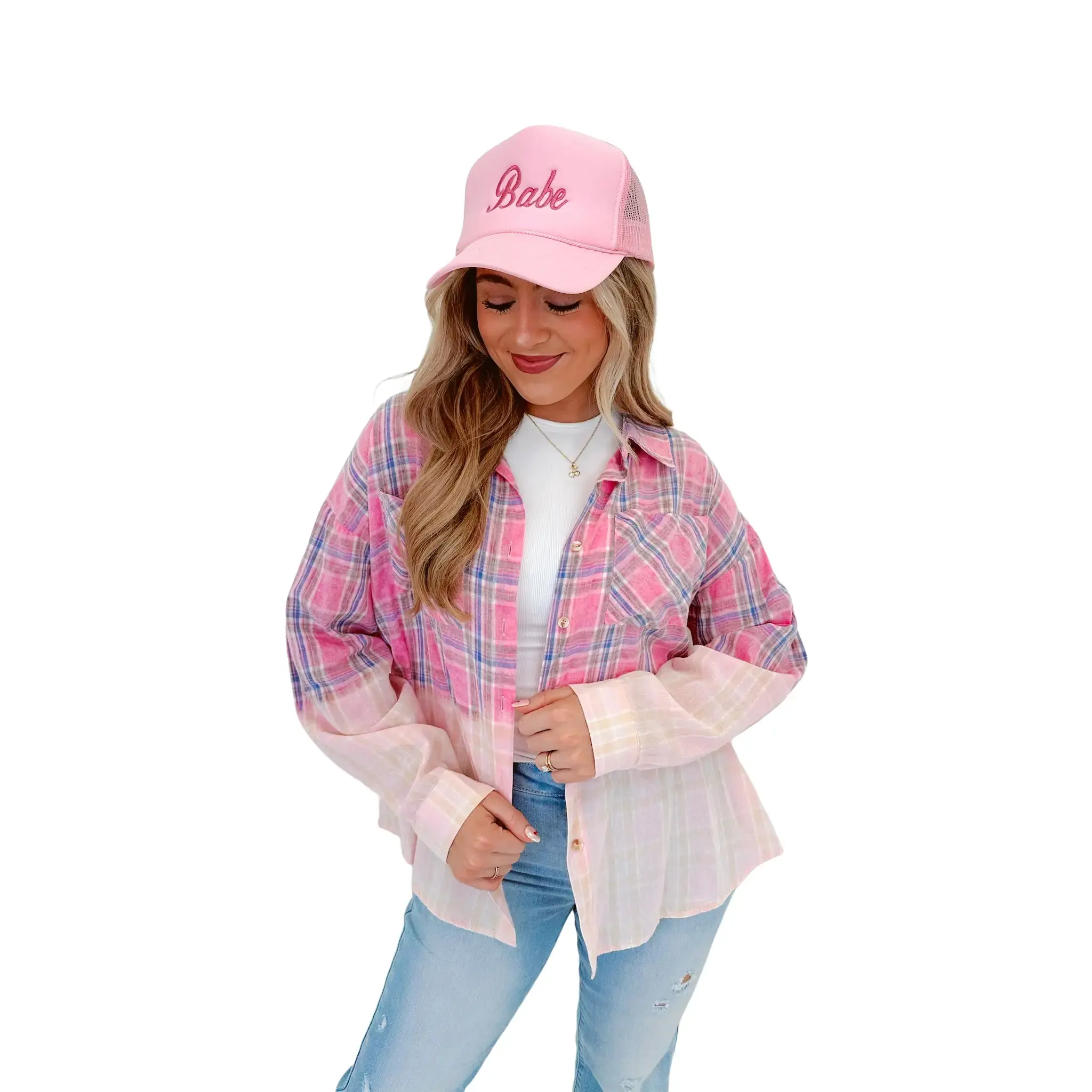Blushing Bleach Washed Plaid Shirt, Blouse, Outerwear, Fabric, Lady, Piece, Sleeve, Long Sleeve, Style