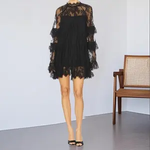 New for 2026 Spring! A must-have for Valentine's Day dates! Women's sheer lace long-sleeved mini dress | Round neck cocktail party dress | Perfect for Valentine's Day dinner and spring gatherings.