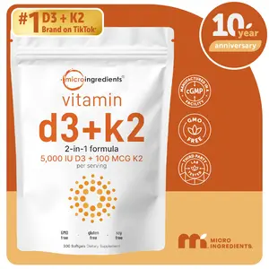 Micro Ingredients Vitamin D3 K2 5000IU Softgels | Infused with Sunflower Seed Oil, Vitamin K2 MK7 + Vitamin D Supplement, Non-GMO, No Gluten