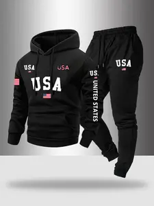 Men's Letter Print Hoodie Set, Usa Flag Design, Pocket Drawstring Long Sleeves Sweatshirt & Elastic Waist Pants, Fall Winter Casual Wear