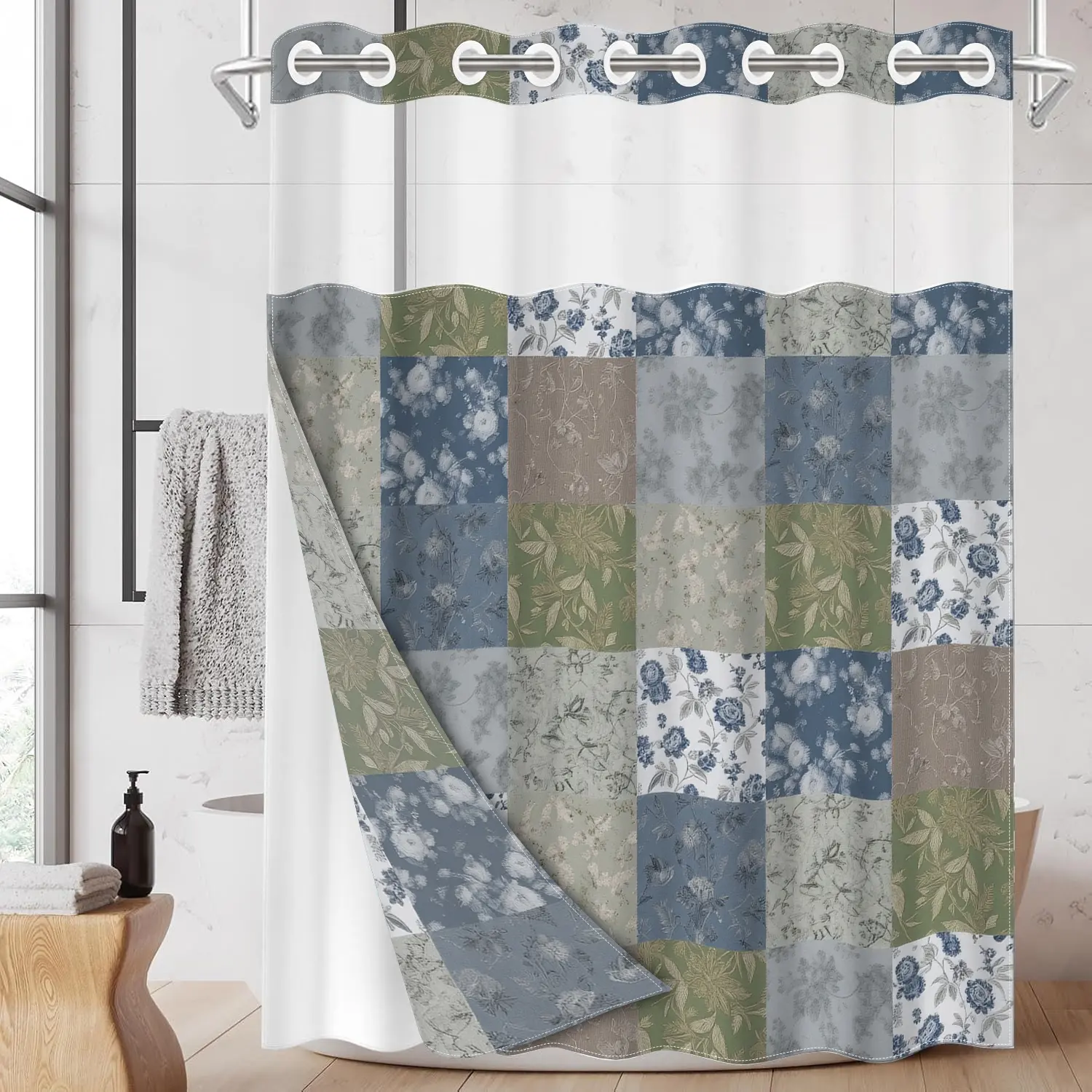1pc hookless shower curtain liner, Shower Curtain No Hooks With Liner, Blue Floral Patchwork Fabric waterproof liner with transparent window, double-layer, 71 x 74 inches, modern home decor