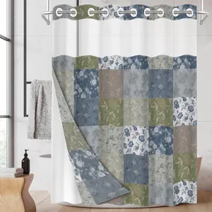 1pc 2D Flat Printing hookless shower curtain hanger liner Blue and Green Floral Patchwork Fabric waterproof lining shower curtain with transparent window, double-layer shower curtain, 71 x 74 inches, modern home curtain decoration