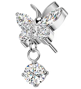 Butterfly Clear CZ Dangle Titanium Threadless Top