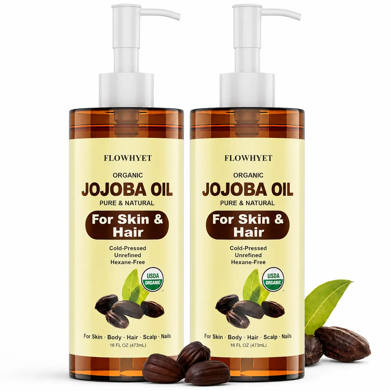 USDA Organic Jojoba Oil Cold Pressed, 100% Pure, 16 fl oz, 2 Pack | For Skin & Hair, Unrefined, Hexane-free, Moisturizing Jojoba Carrier Oil for Face, Body, Scalp & Nails