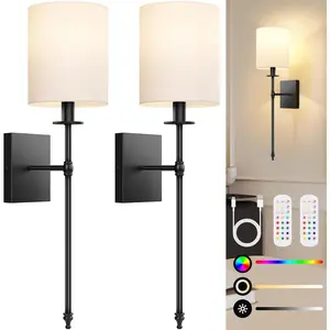 27 Inch Rechargable Wall Sconces Set of 2, Wireless Wall Sconces Lights with Remote, Not Hardwired Dimmable Gold Wall Lamps with White Fabric Shade for Bedroom, 2 Rechargable Bulbs Included