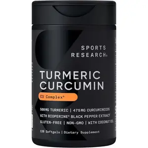 Sports Research Turmeric Curcumin C3 Complex w/BioPerine Black Pepper Extract & Organic Coconut Oil - Standardized 95% Curcuminoids · Non-GMO · Gluten Free - 120 Count Softgels