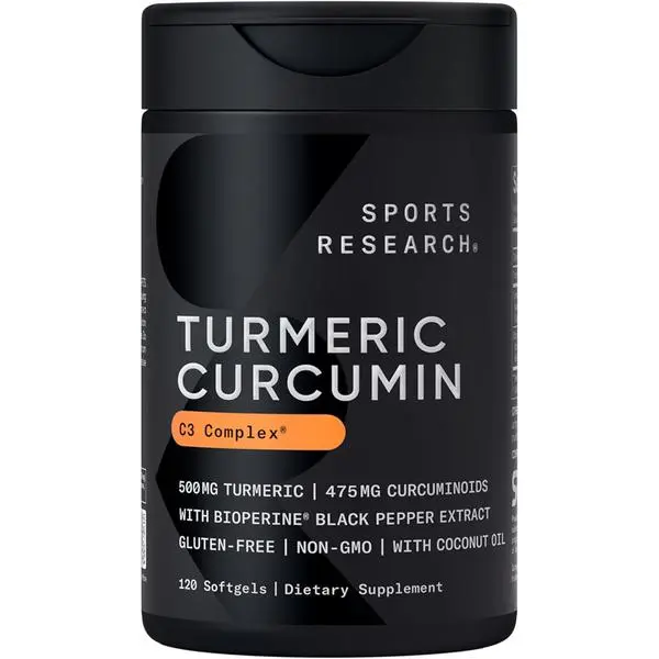 Sports Research Turmeric Curcumin C3 Complex w/BioPerine Black Pepper Extract & Organic Coconut Oil - Standardized 95% Curcuminoids · Non-GMO · Gluten Free - 120 Count Softgels