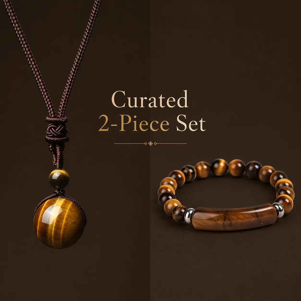 2Pcs Natural Tiger Eye Stone Jewelry Set for Men Women, Adjustable Braided Rope Sphere Pendant Necklace & Rectangle Bead Elastic Bracelet, Protection & Good Luck Gift