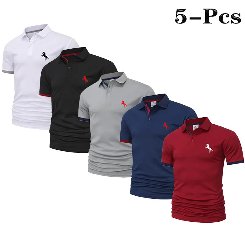 5 Pack Polo Shirt for Men, Short Sleeve Performance Collared Tees with Contrast Trim, Embroidered Chest Detail and Button Placket, Breathable Stretch, Moisture-Wicking Slim Fit Tops for Golf, Tennis, Office, Business Casual, Travel and Summer Daily Wear