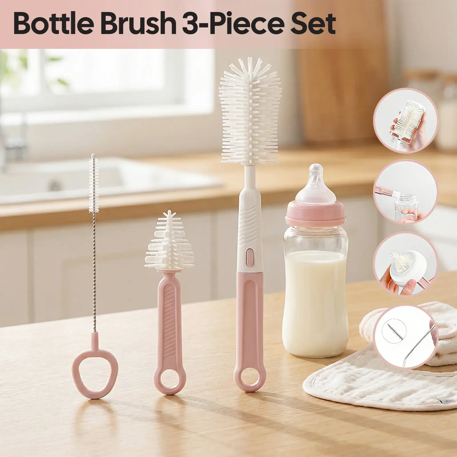 Silicone All-in-1 Multifunctional Bottle Brush Kit with 4 Brush Heads, Newborn Essential Gift, Portable Home & Travel Cleaning Tool for Baby Bottles, Breast Pumps & Nipples (Pink, Gray, Khaki), No