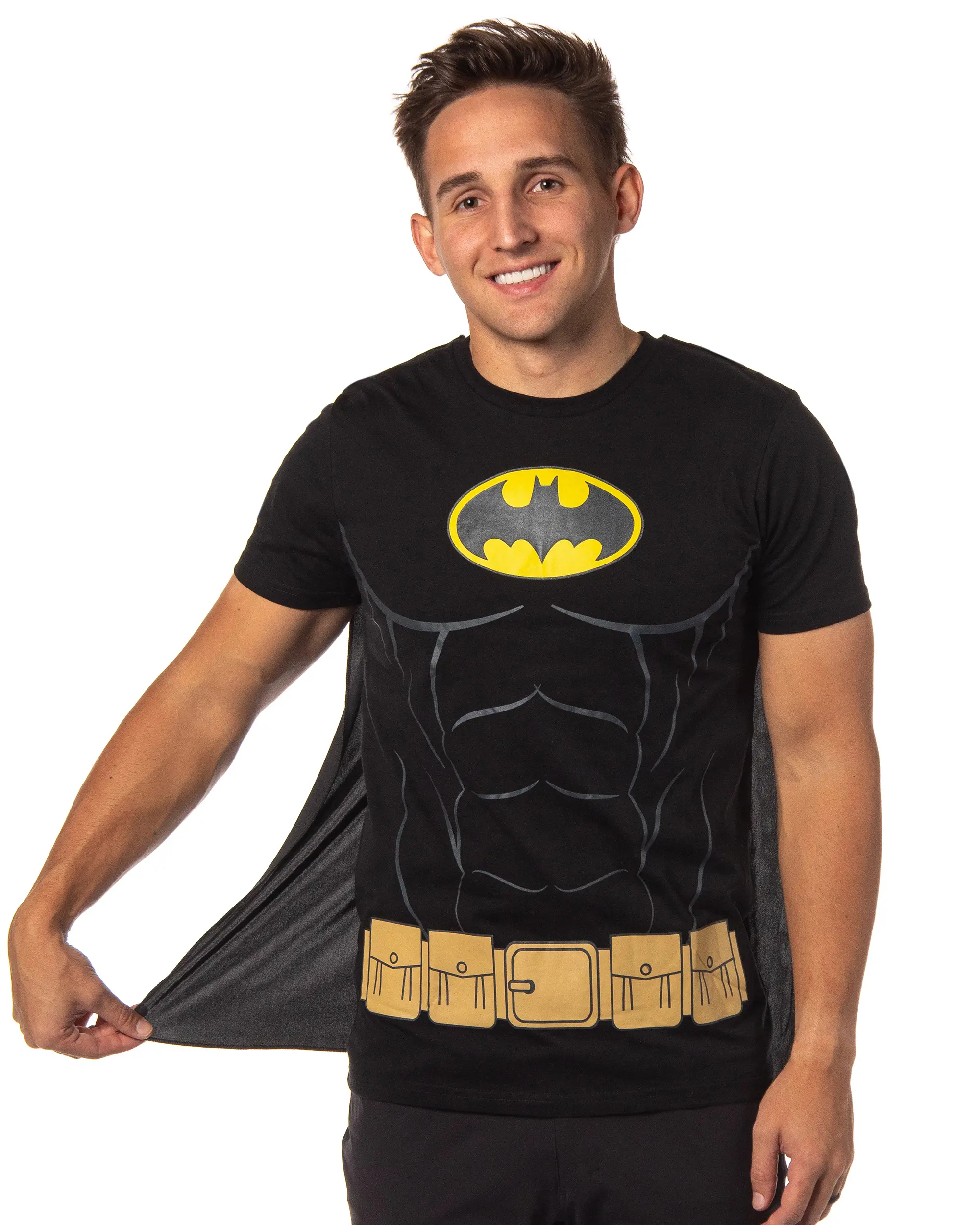 DC Comics Men's Batman Costume Shirt With Detachable Cape Classic Bat Logo Batman Cosplay Tee, Superhero, Cotton