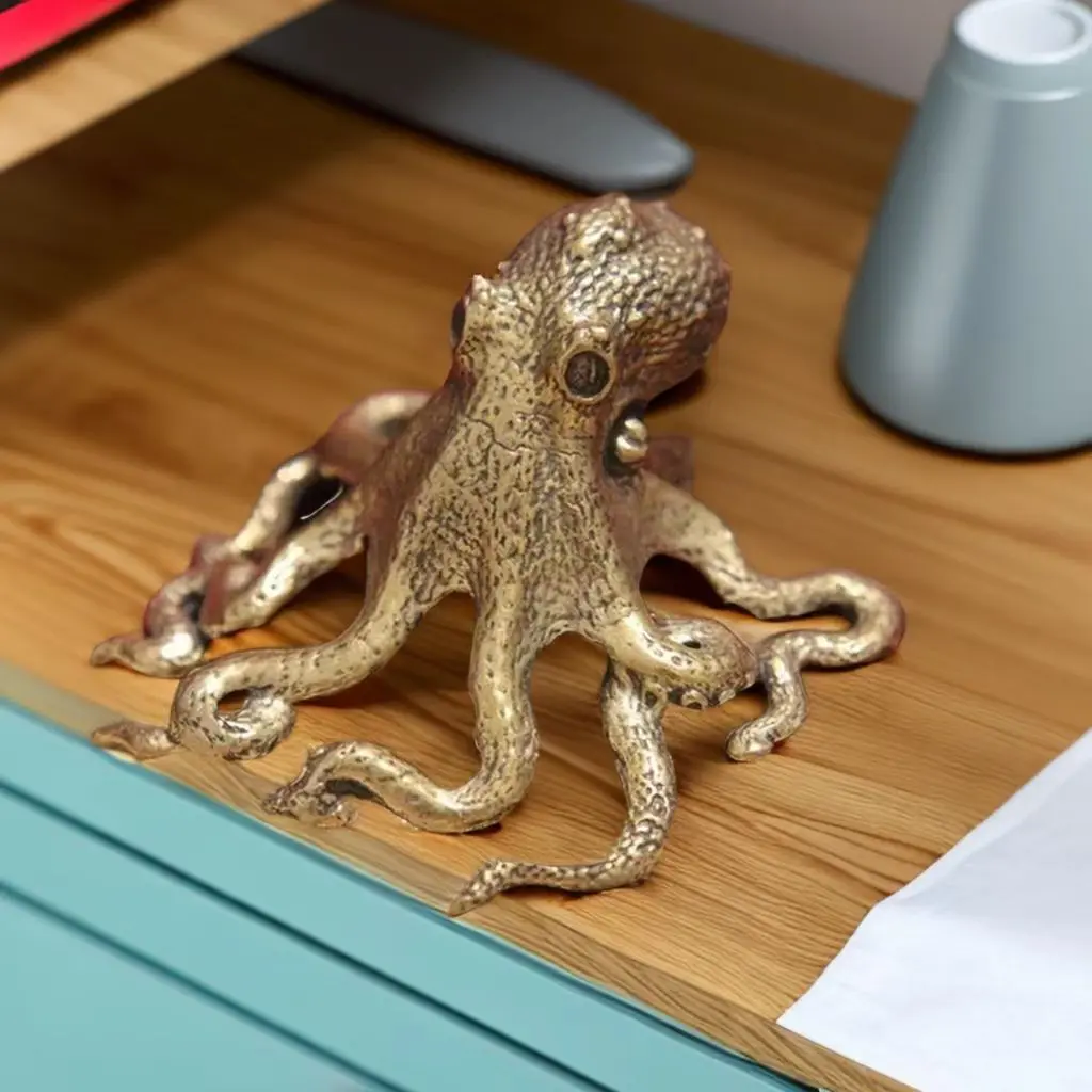 Brass Office Desktop Decor Home Decor Ornament Octopus Antique Copper Tea Pet Ornament Statue Figurine Craft Gift Hand Toy, Classic Style Portable Desk Accessory