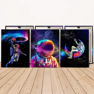 3 Counts Wooden Framed Canvas, Colorful Astronaut Space Art Images, Exquisite Poster, Perfect Living Room Decoration, Modern Art, Fashion Family Poster, Wall Art Decoration, Odorless, Artwork, Modern Abstract Art