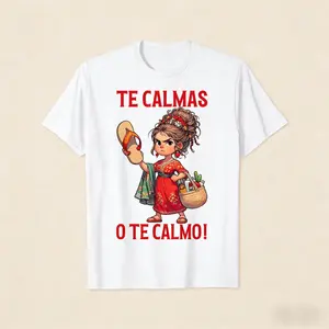 Summer T-shirt for women with a fun Mexican-Spanish mom pattern: "Calm down, or I'll make you calm down."