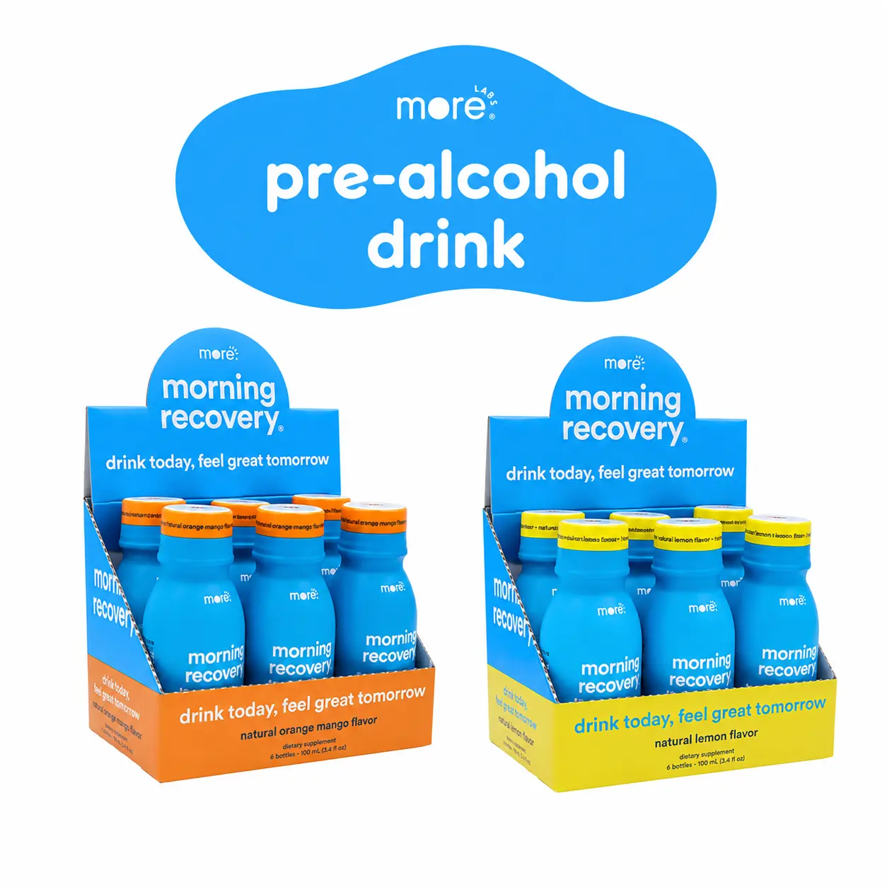 MoreLabs Morning Recovery Pre-Alcohol Drink for Feeling Better After Drinking and Liver Support 100mL x 12 Pack, Orange Mango and Lemon Tropical Electrolyte Bundle