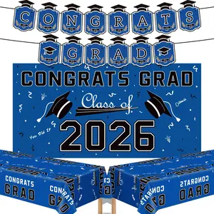 Graduation Decorations 2026 - Blue Congrats Grad Banner Backdrop Tablecloth Set - Graduation Decorations Class of 2026 |   Graduation Party Favors Supplies