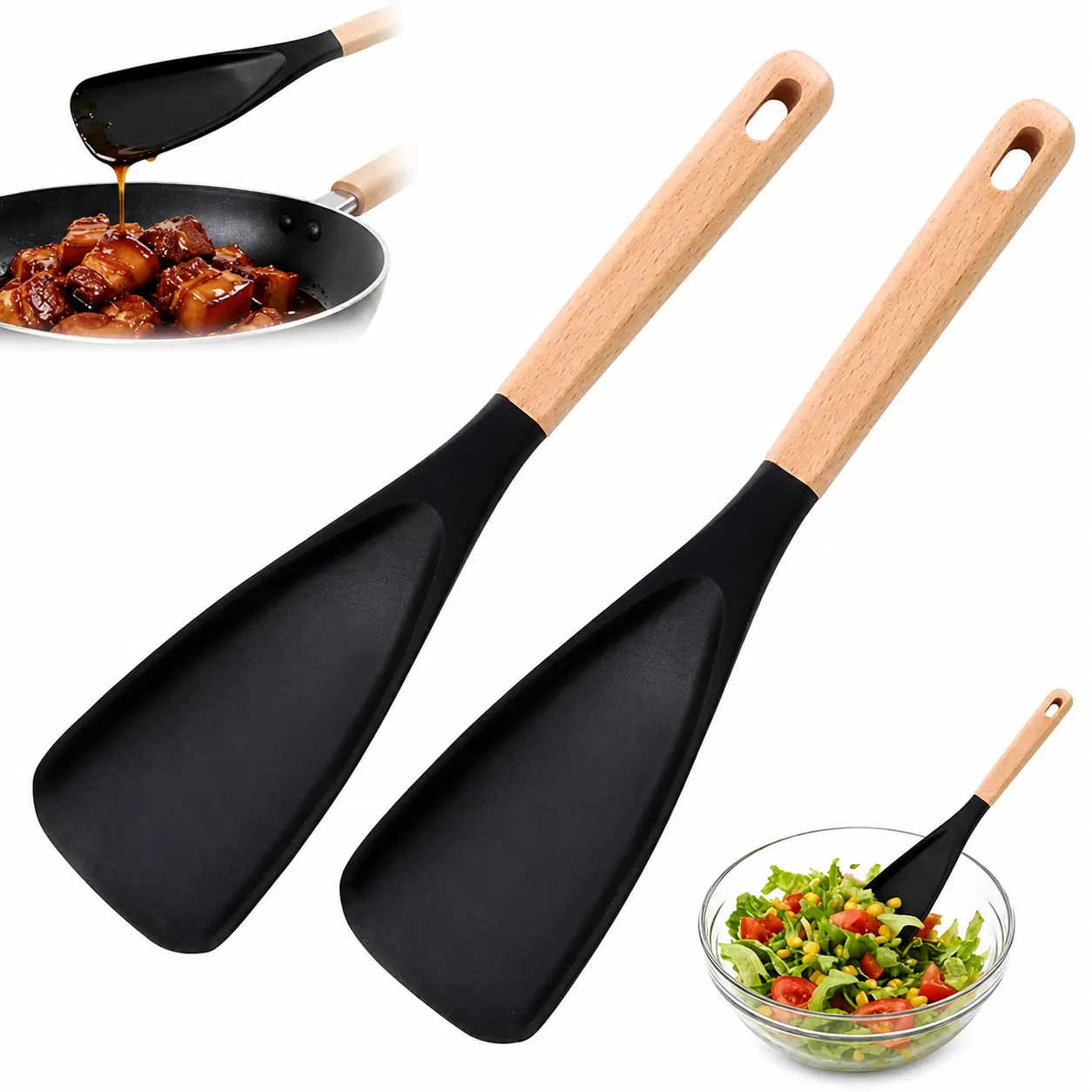 BPA-Free Matte Silicone Cooking Spoon with Ergonomic Wooden Handle, Nonstick-Safe Heat-Resistant Pan-Scratch-Proof Kitchen Utensil for Stirring, Scooping, Scraping & Serving, Multifunctional Easy-Clean Kitchen Supplies, Silicone Cooking Utensils, Cooking,