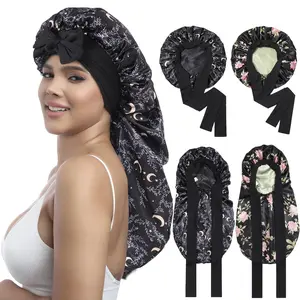 Double Layer Satin Bonnet for Sleeping - Silk Like Texture, Elastic Tie Band, Curly Hair Nightcap, Smooth Haircare, Reusable, 100% Polyester, 55cm Cap Circumference, 94cm Length, 35cm Width, 61cm Rope Length, 6.5cm Rope Width
