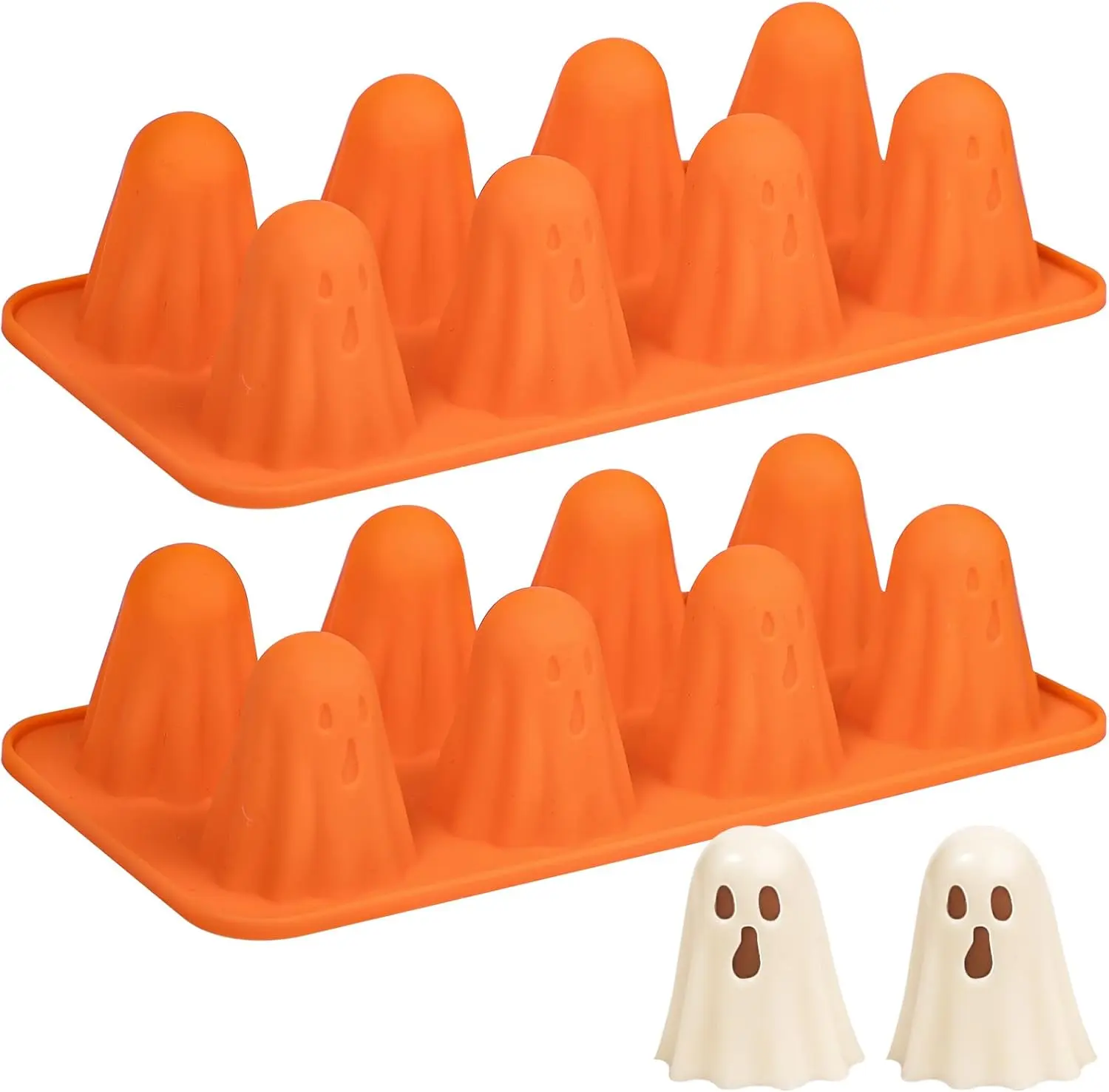 Spooky Ghost Shapes Silicone Jelly Mold 2-Pack, Halloween Cake Dessert Molds for Chocolate, Gummy, Resin, Crayon, Orange Shapes, Candy Molds