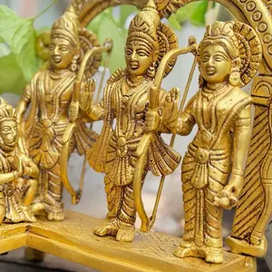 Ram Family Hanuman Brass Gold Plated Hindu Deity Figurine Set with Intricate Details Traditional Attire for Home Decor Religious Ornaments