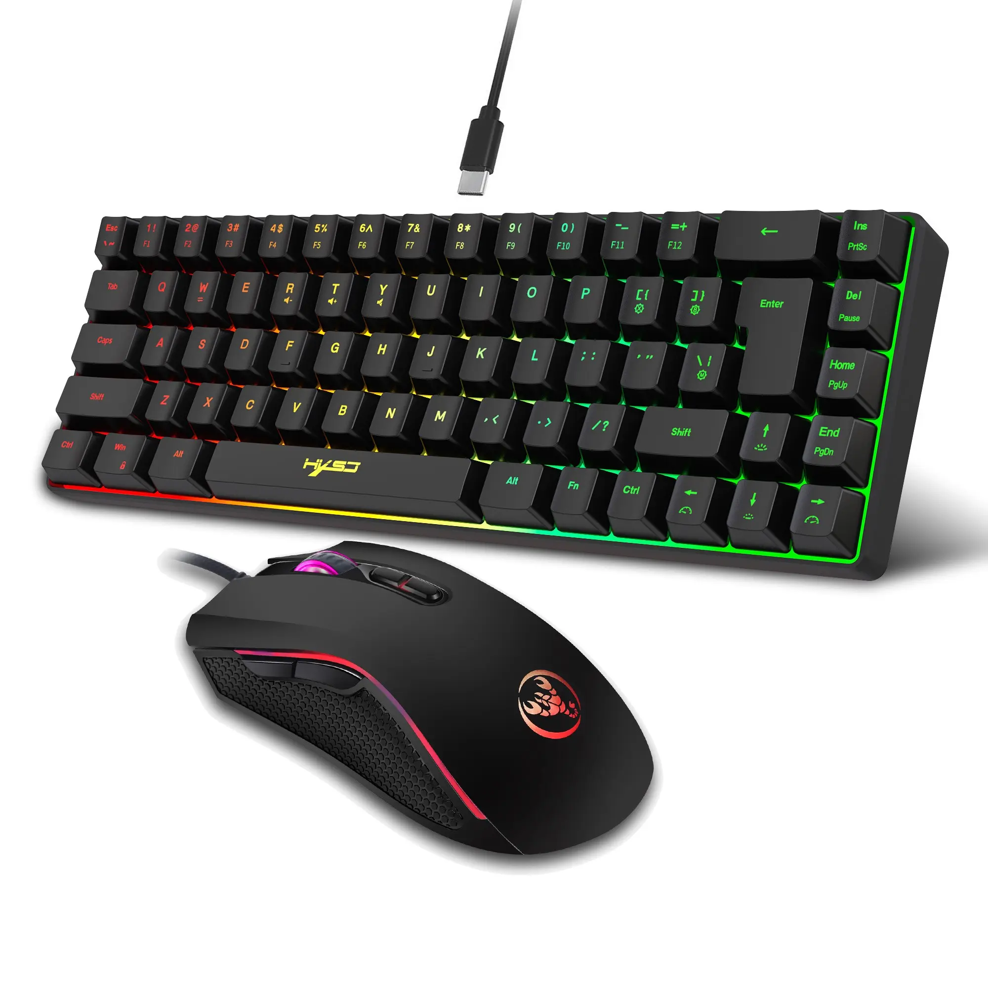 Hxsj-RGB Backlit Keyboard and Gaming Mouse Set, Gaming Pc Accessories, Compact 68-Key Wired RGB Mini Keyboard, Ambidextrous Optical Mouse for Ps4 Xbox PC Laptop MAC, LED Backlit Keyboard