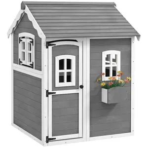 Outsunny Playhouse for Kids, Outdoor Wooden Playhouse with Floor, Door, Windows & Planter Box for 3-8 Year Olds, Backyard, Lawn, Garden, Gray