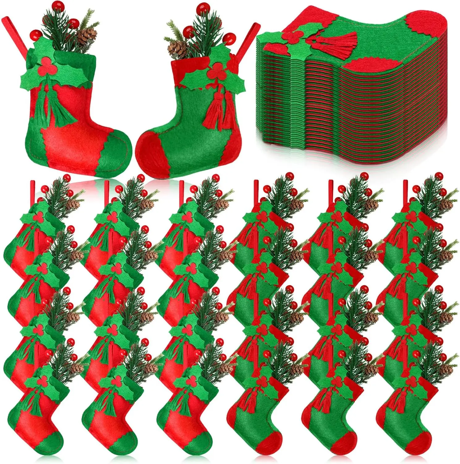 Geyoga 48-Piece Bulk Pack Red & Green 5-Inch Soft Felt Mini Christmas Stockings, Holly Berry Design, Elf Gift Stockings for Xmas Tree, Fireplace Hanging Christmas Decorations