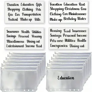A6 Clear Zip Envelope Set, 12pcs Binder Pockets & 4 Counts Self Adhesive Labels Stickers, Sticker Sheets for Budget Planning, Money Saving Binder Pockets