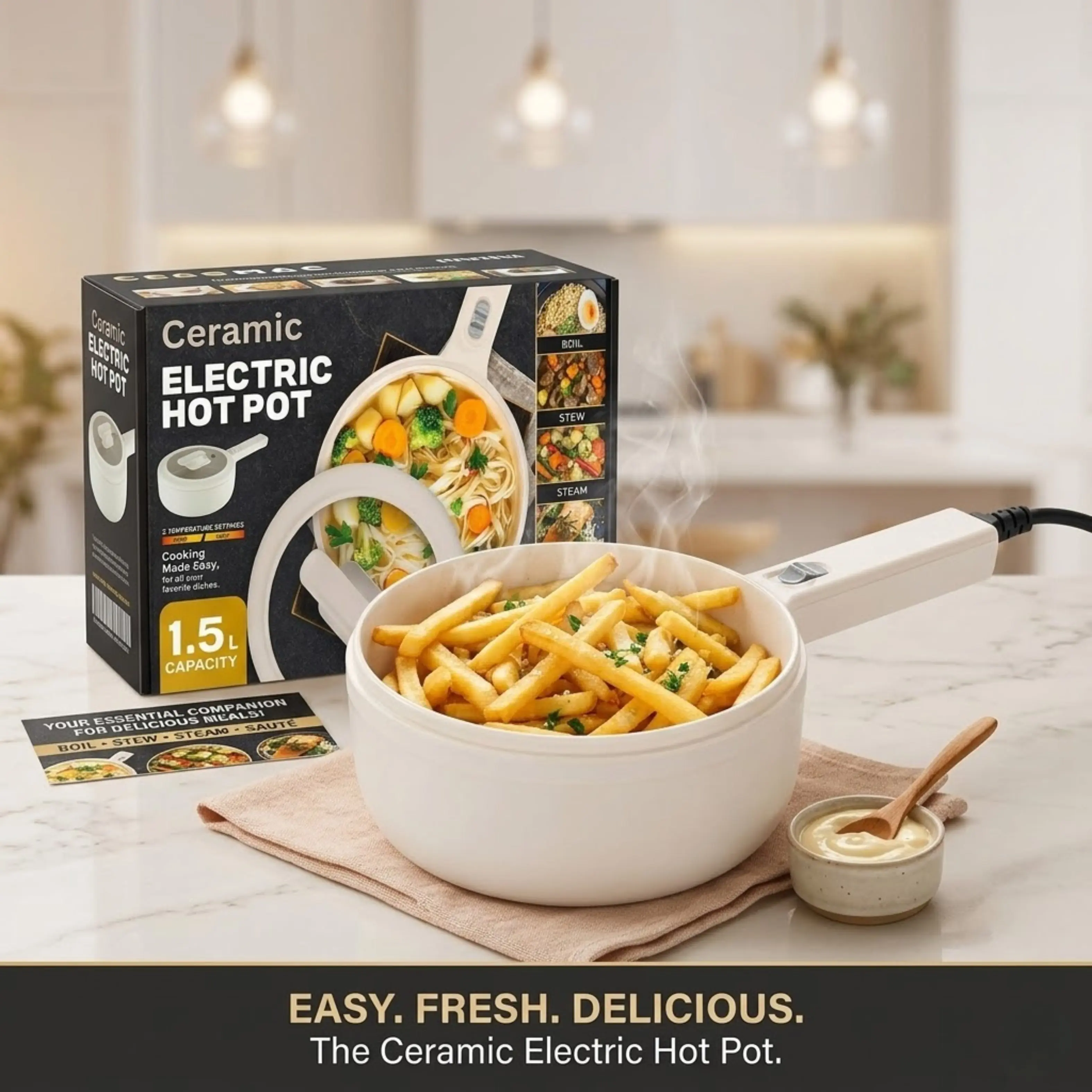 1.5L CERAMIC PRO Portable Electric Hot Pot with Lid & Steamer - Non-Toxic Eco-Friendly Compact Ceramic Cooker Skillet for Ramen, Eggs, Pasta, Healthier Meals - Adjustable Temp, 2026 New Improved Model for Work, Dorms