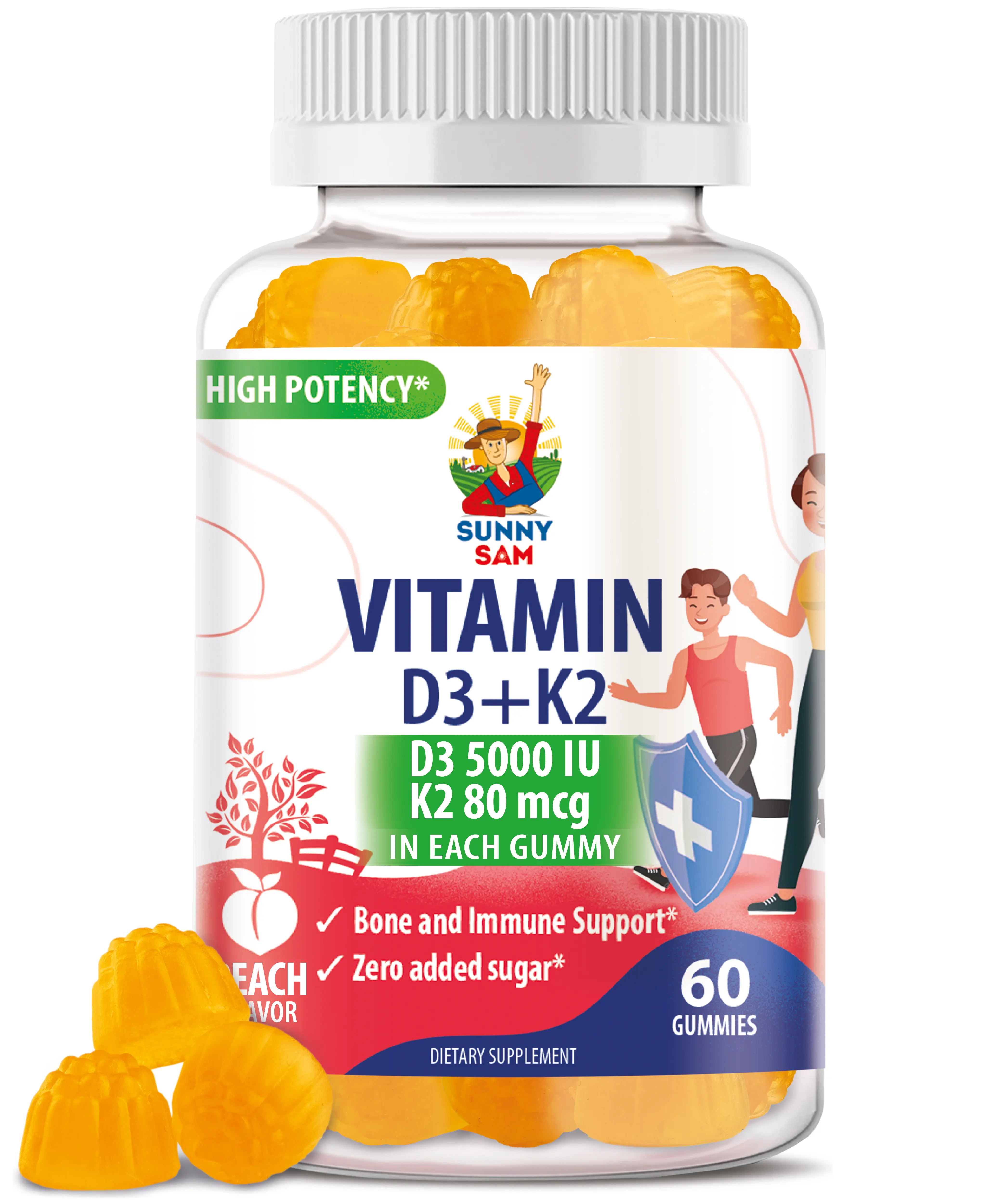 Sunny Sam Sugar-Free Vitamin D3 K2 Gummies - D3 5000 IU & K2 80mcg per Serving, Peach Flavor Chewable Supplement for Adults, Immune & Bone Support, Zero Added Sugar, Vegan, Halal, Gluten-Free, No Gelatin, High Potency, Daily Wellness, 60-Day Supply