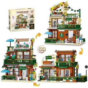 3 in 1 Coffee House Building Blocks Set with Lights, 1000+ PCS City Cafe Shop Building Block Toy Architecture Construction Model for Adults Teens Kids Boys Girls