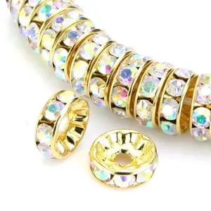 100pcs Grade A Rhinestone Rondelle Beads, Clear AB Rhinestone, 18K Yellow Gold Plated Brass, Size Selections: 4mm/5mm/6mm/8mm/10mm/12mm