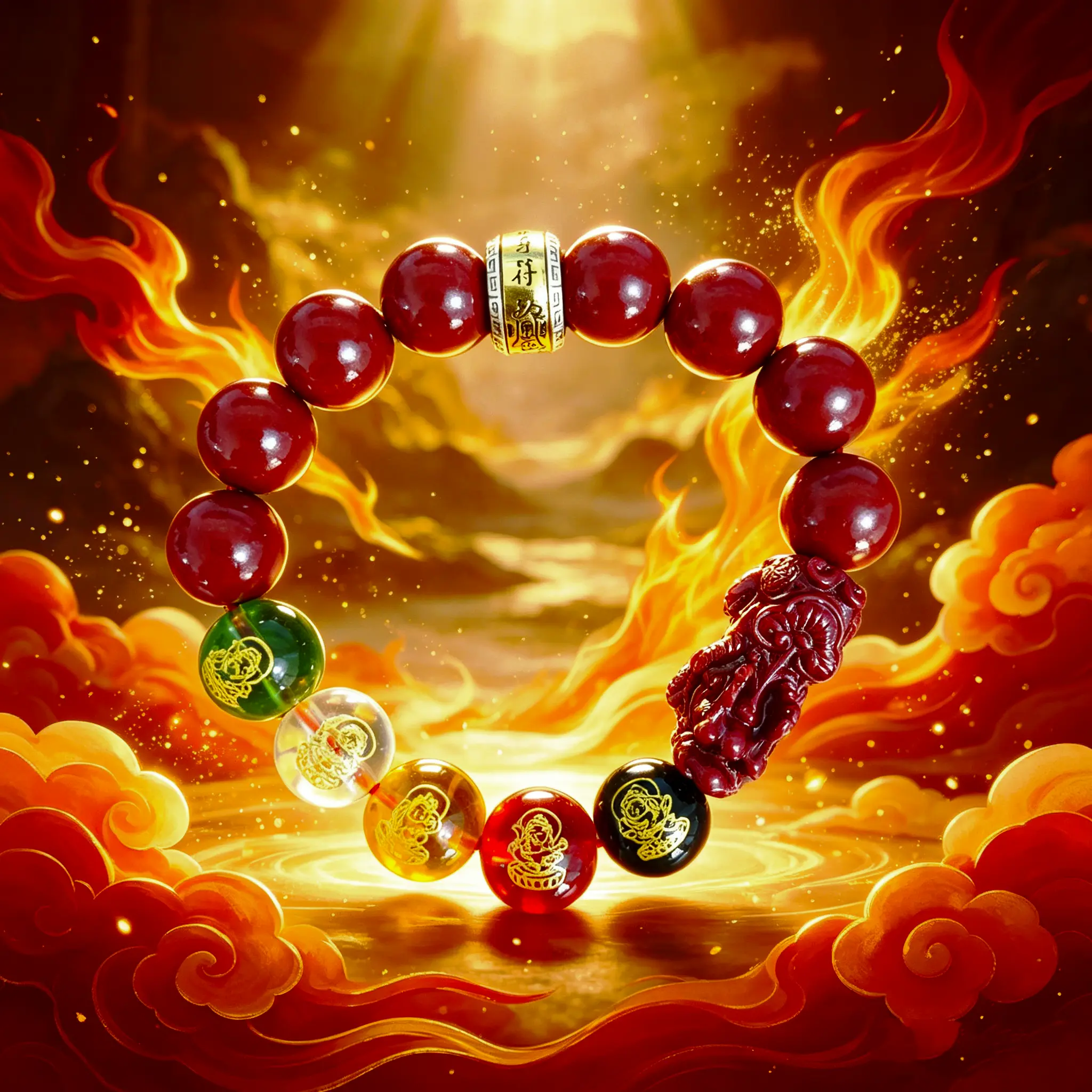 Unisex Natural Cinnabar Carved Detail Beaded Bracelet, 1-Piece Default Size Fashion Accessory for All Seasons, One-Piece