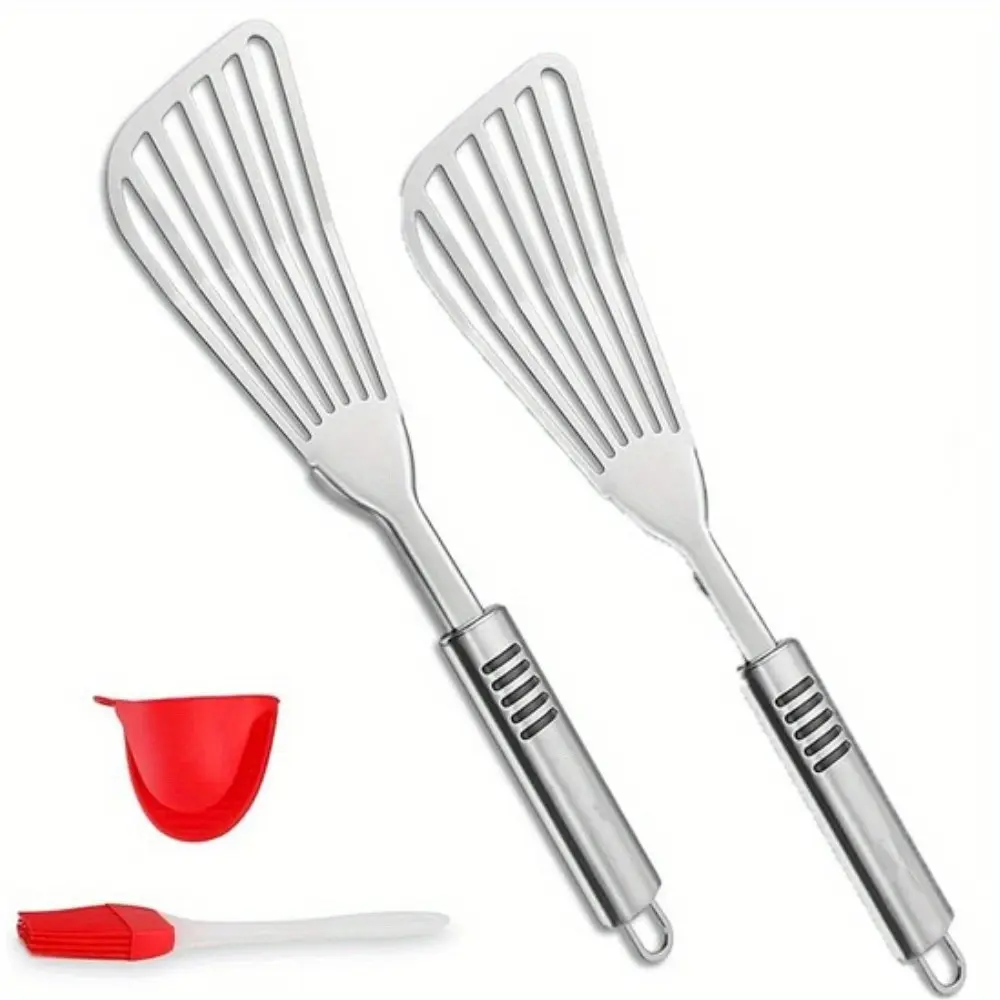 Camping & Hiking Kitchen Premium 4pcs Fish Spatula Utensil Set - Thick Stainless Steel Blade, Rust-Resistant, Non-Slip Silicone Handle, Ergonomic Design, Oven-Safe for Grilling, Frying - Ideal for Fish, Meat