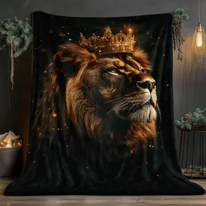 Lion with Crown HD Printed Flannel Blanket - 280GSM Heavyweight Soft & Warm All-Season Luxury Bedspread, 3 Sizes (30x40in, 50x60in, 60x80in) for Bed, Sofa, Travel & Camping - Majestic Lion Face Design with Glowing Eyes, Contempora