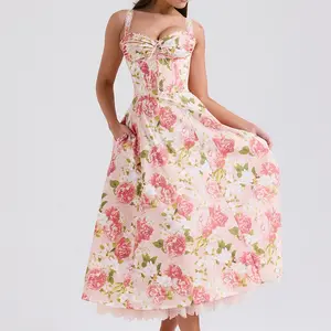 Women'S Fairy Temperament Flower Pattern Classy Style Mesh Lining Slimming Strap Sundress With Pocket & Built-In Padding, Elegant Summer Fashion Outfits