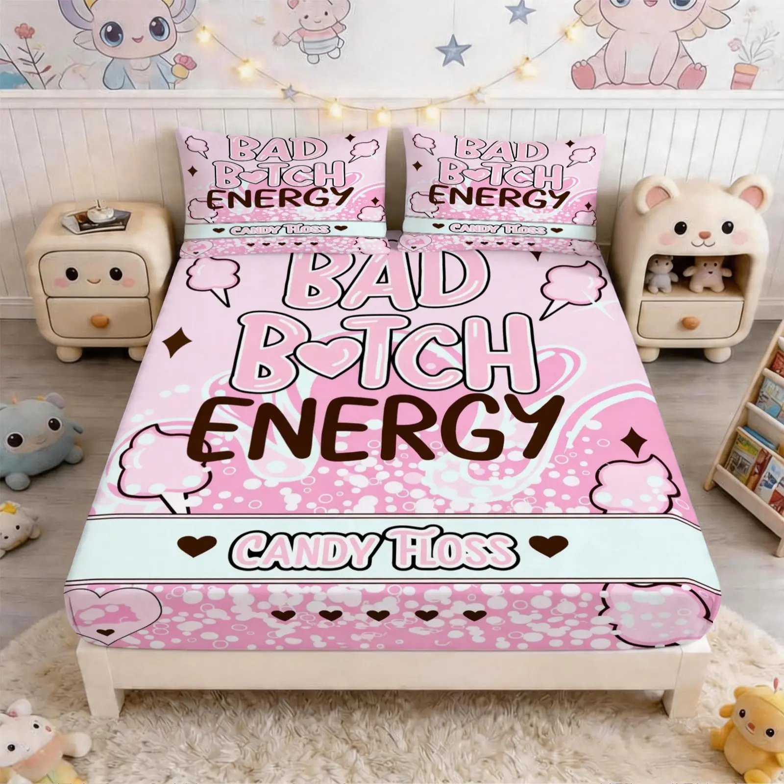 Bad Bitch Energy Pink Marshmallow Style Fitted Sheet 3 Pcs Set, Soft And Comfortable Fitted Sheet, for Daily Use in Bedroom / Guest Room