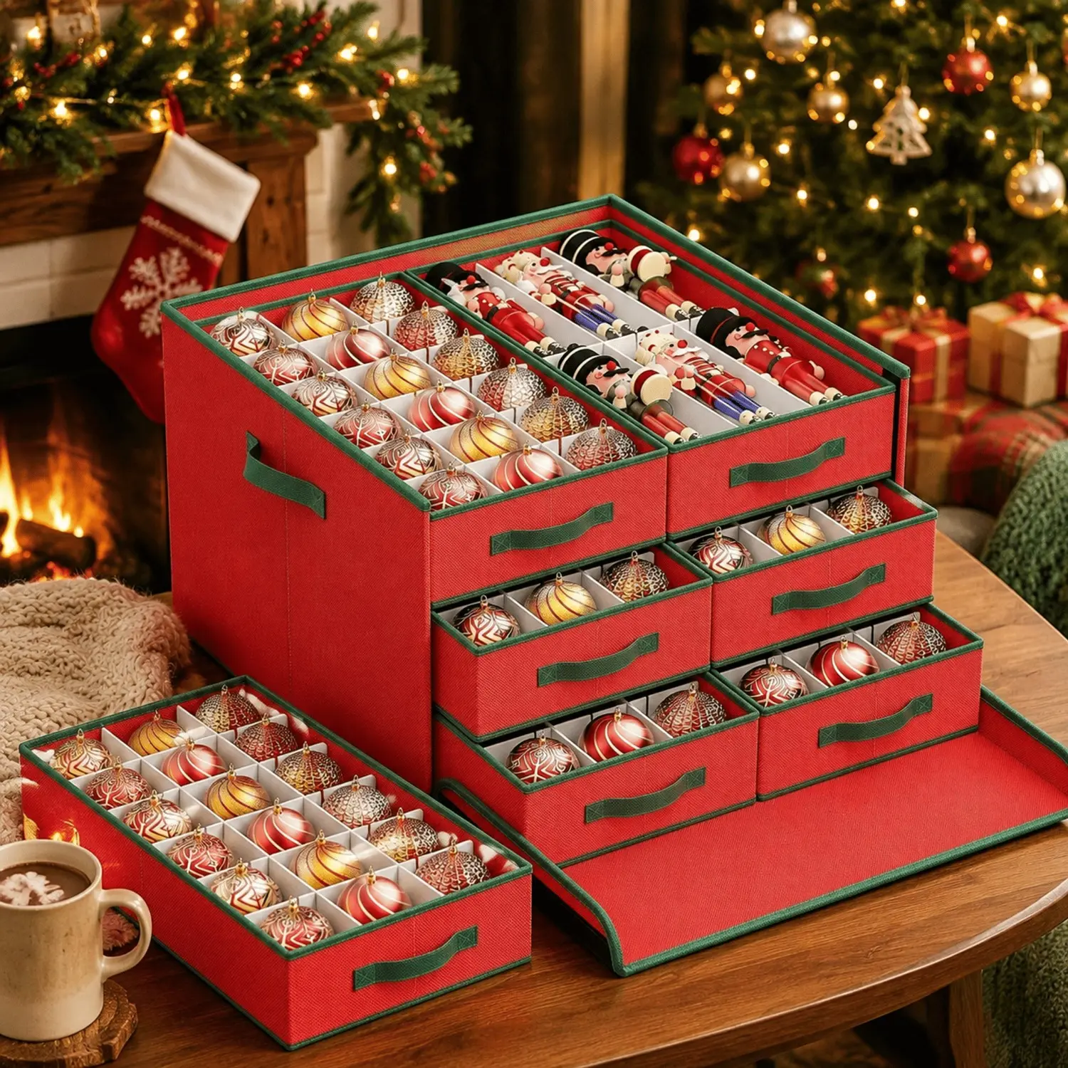 Littleox  Adjustable Christmas Ornament Storage Box, Holds 108pcs 4 Inch Xmas Baubles with Extra Space for 16” Nutcrackers & Tall Figurines, 6 Removable Separate Trays Holiday Organizer Container, Red/Green