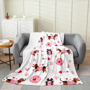 Cartoon Dachshund Flannel Blankets,Valentine's Day Fleece Blanket,Kids Girls Boys Adult Pink Love Paw Print Fuzzy Blankets Cute