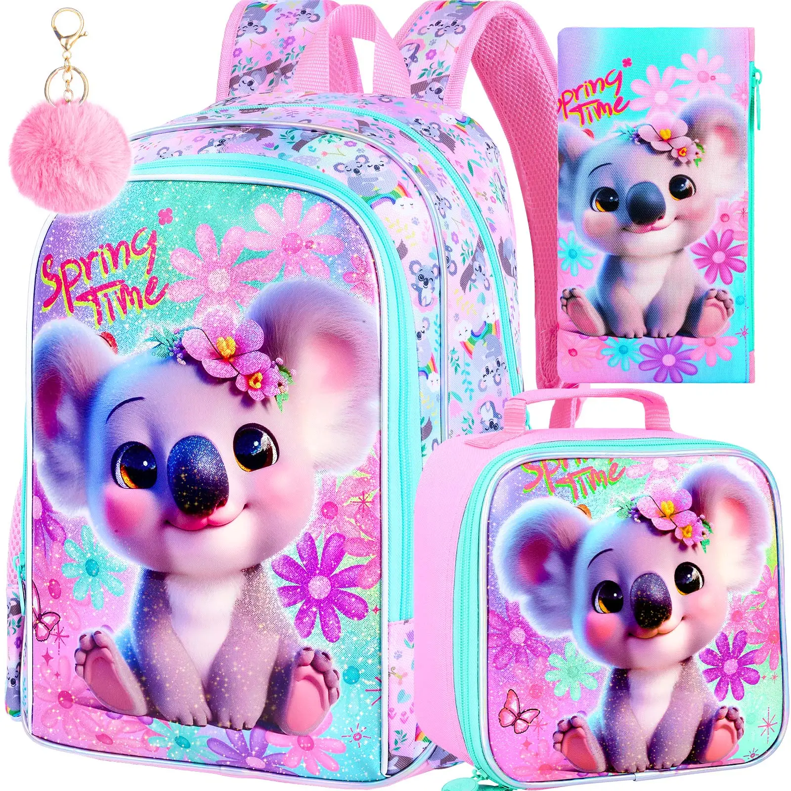 3PCS Bookbag for Girls, 16" Kids Koala Backpack with Lunch Box, Water Resistant School Bag for Elementary Preschool Toddler