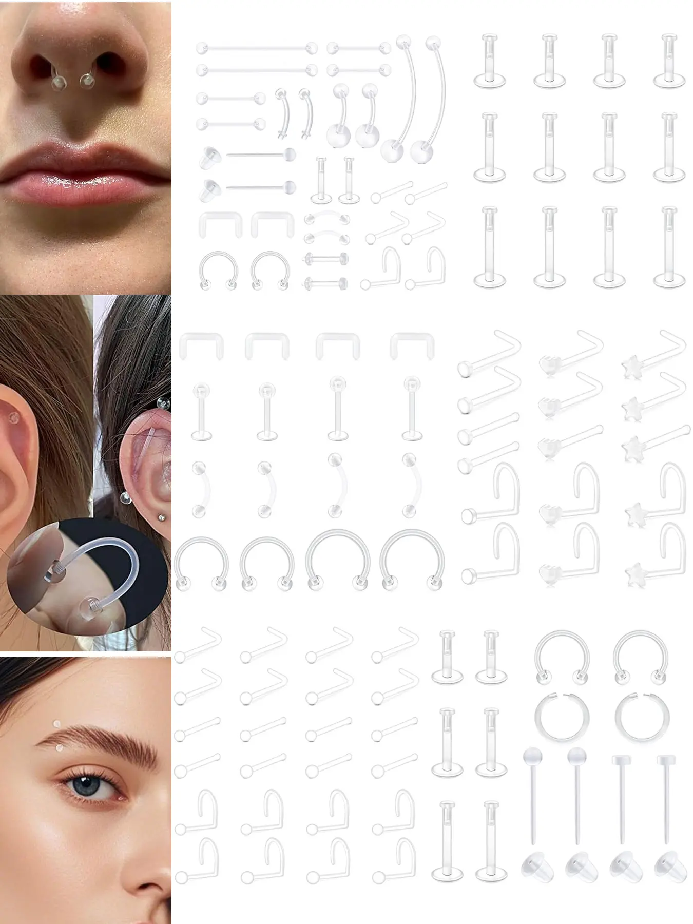 Clear Body Piercing Jewelry Set Septum Retainer Nose Studs lip Tongue Ear Clear Nose Rings, Nose Hoop for Work Nipple Rings Horseshoe Cartilage Rook Daith Earrings Plastic Industrial Piercing Retainers Nose Rings Hoops Nose Piercings Kit