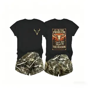 (only t-shirt)Women's T-Shirt, Casual, Comfortable Fabric, Crew Neck Short-Sleeve, Loose-Fit, & Camouflage, Western Skull & Slogan Graphics