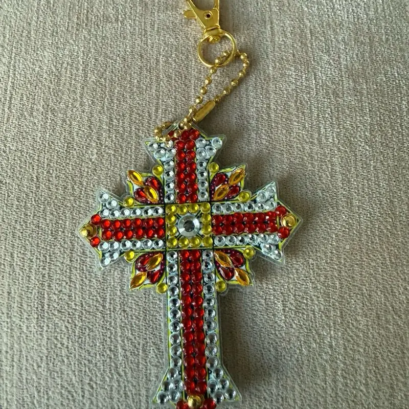 Double Sided Red and Gold Key Holder with Rhinestone Cross Design and Gold Chain