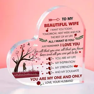 Acrylic Heart Shaped Keepsake Gift for Wife, Romantic Birthday & Anniversary Present Decor with Love Sayings Plaque, Desktop Ornament for Home Office, Acrylic Desktop Decoration