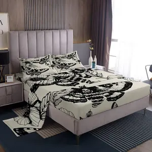 Feelyou Gothic Skull Death Moth and Flowers Decorative Bedsheet Sets, Soft Breathable Microfiber Bedding Set with Skeleton Bones, Black Cream Personalized Sheets, Soft Breathable Sheet