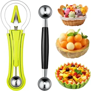 2 Pcs Melon Baller Scoop Set 4 in 1 Stainless Steel Fruit Cutters Double Ended Headed Watermelon Scooper and Ice Cream Baller for Dig Pulp Separator Fruit Slicer